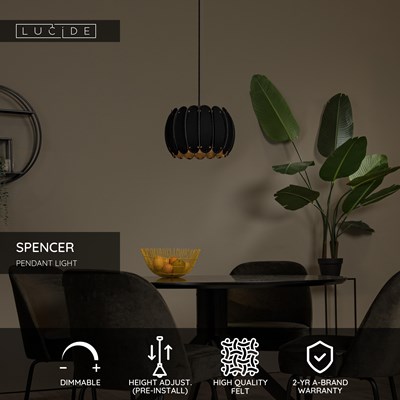 Lucide SPENCER - Pendant light - Ø 30 cm - 1xE27 - Black